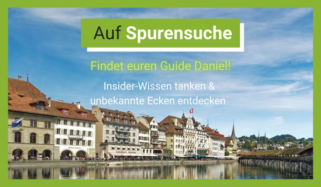 Luzerner Altstadt mit Kapellbrücke am Reussufer unter blauem Himmel – Finding Daniel Trail für Schulreise mit persönlichem Guide & Insider-Wissen